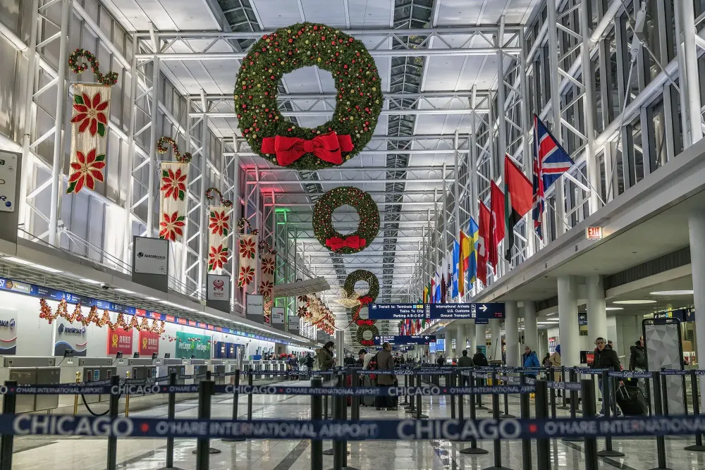 airport decorated for the holidays